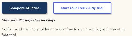 eFax's free fax page, captured 4 October 2026, with a button to start a free 7-day trial