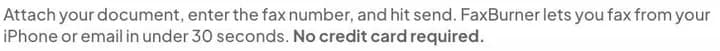 Fax Burner's free fax page, captured 4 October 2026, stating no credit card is required