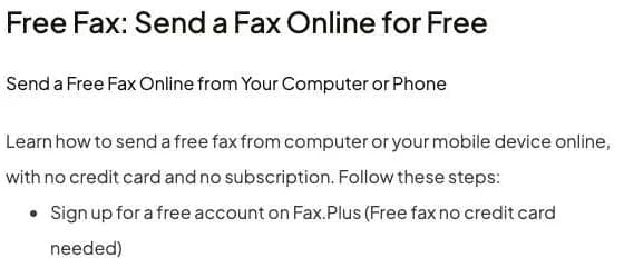 Fax.Plus's free fax page, captured 4 October 2026, offering a free account with no credit card and no subscription