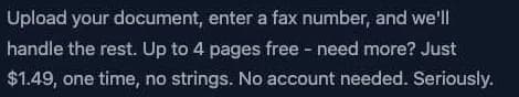 FaxFree.net's homepage offer, captured 4 October 2026, advertising free sends of up to 4 pages