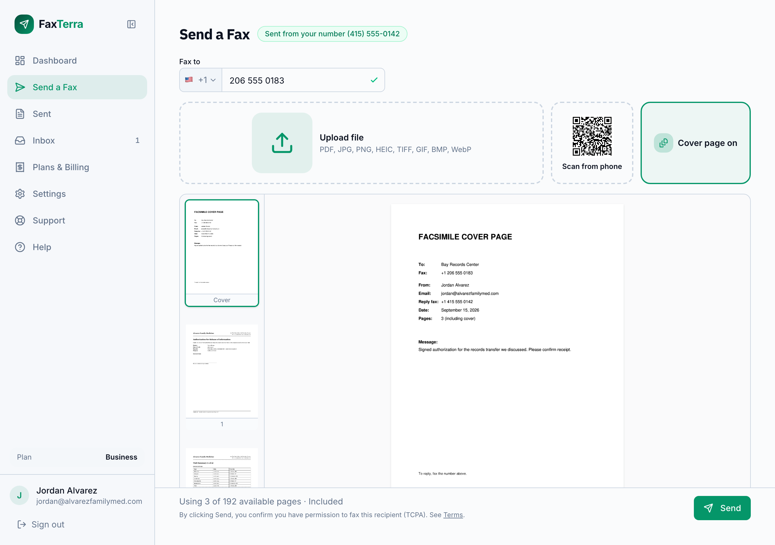 The FaxTerra send form with a document attached and its pages listed