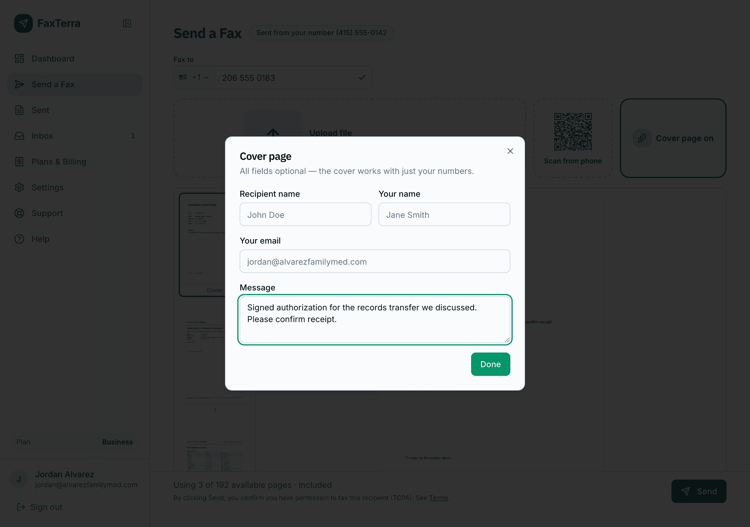The FaxTerra cover page editor with only a message typed