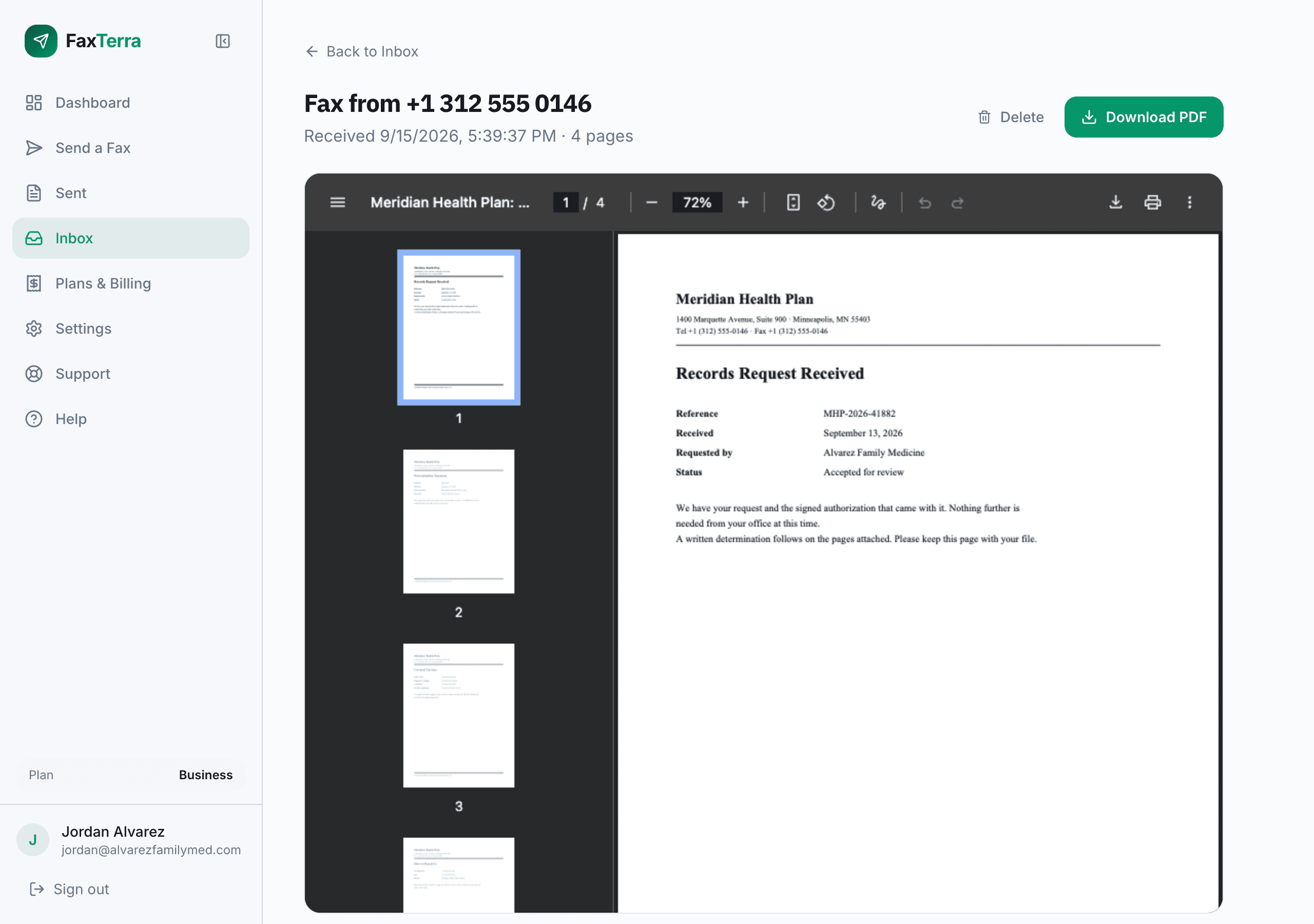 A received fax open in the browser, with a Download PDF button