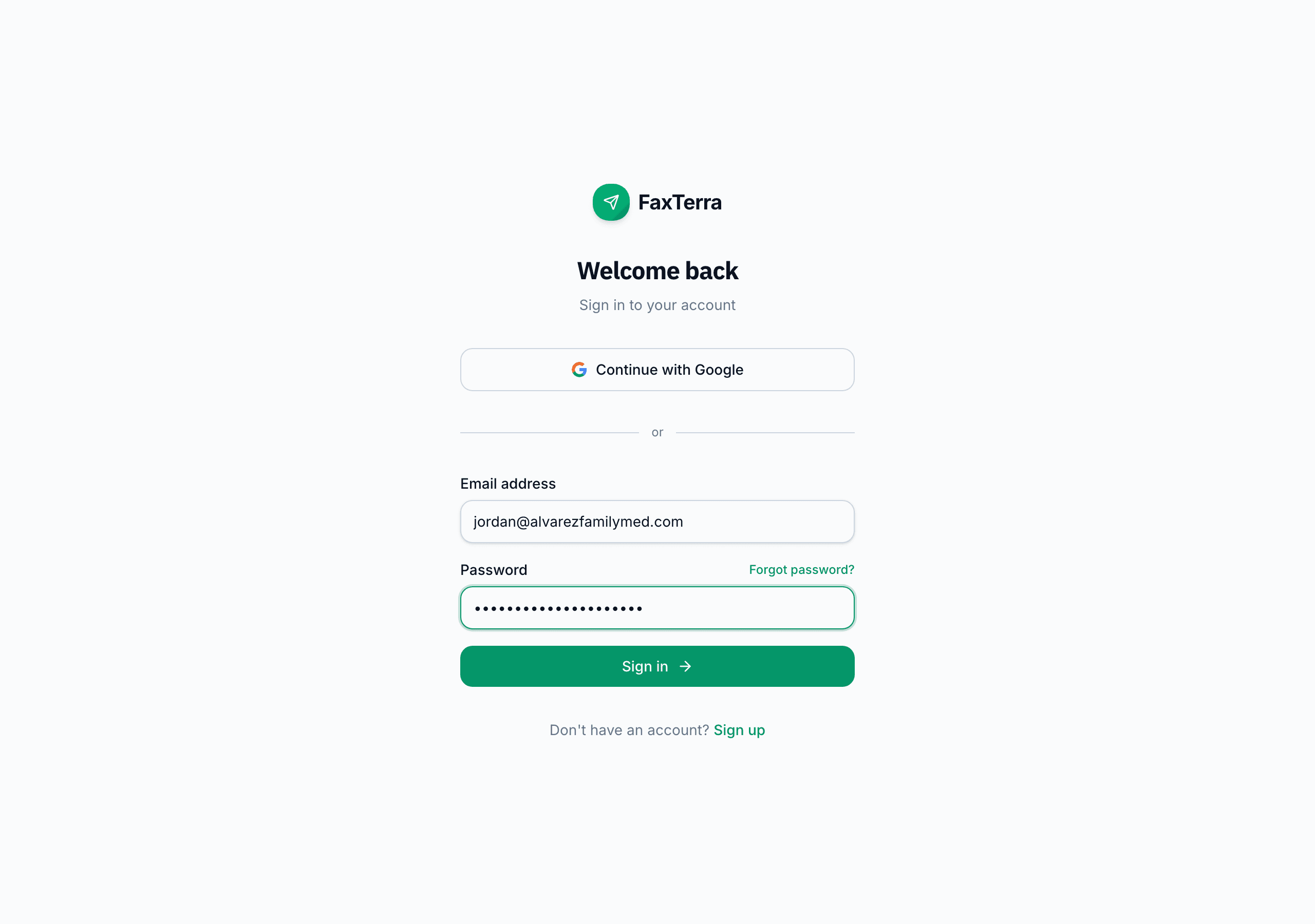 The FaxTerra sign-in form, offering Google, an emailed link, or a password