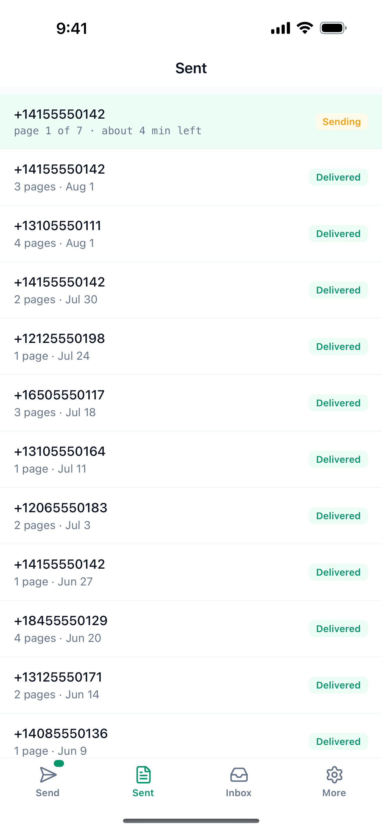 The FaxTerra app on an iPhone, showing the same sent history as the website