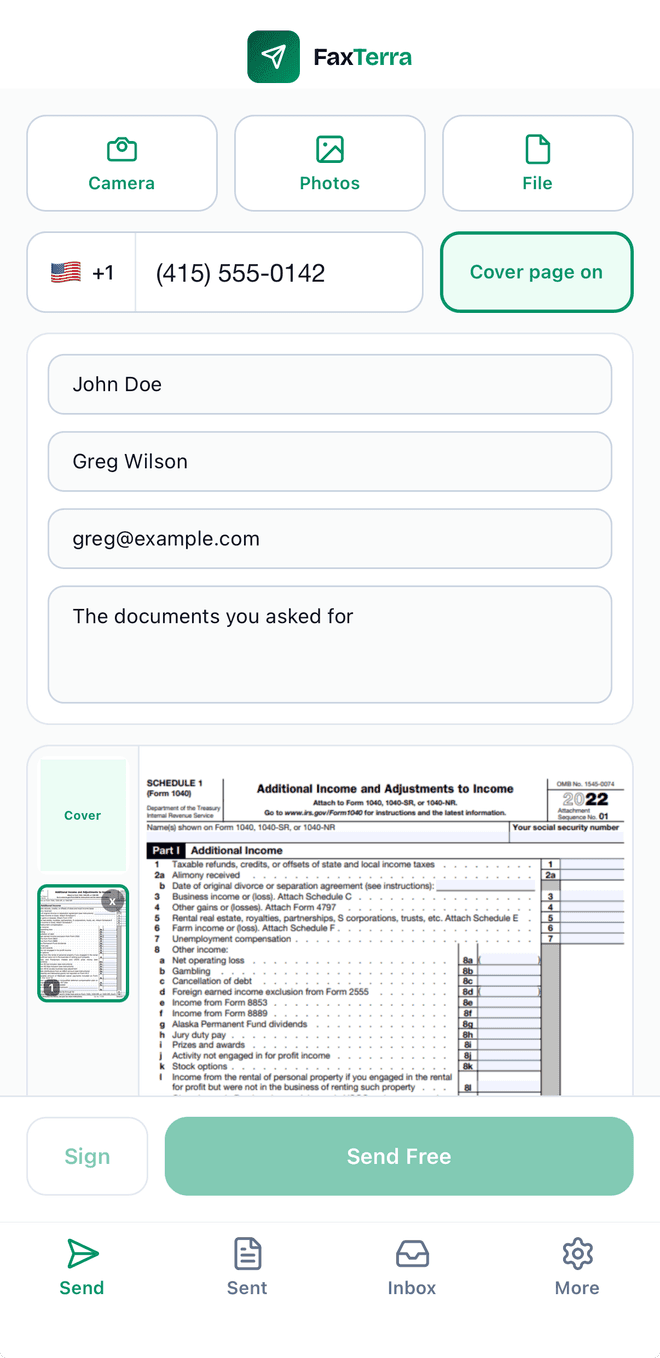 The FaxTerra iPhone app send screen: camera, photos, and file capture with a cover page on a loaded document