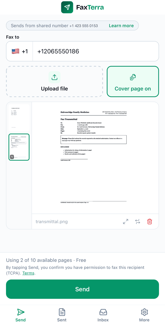 The FaxTerra app send screen on a phone, with a recipient number, a cover page, and a document ready to send
