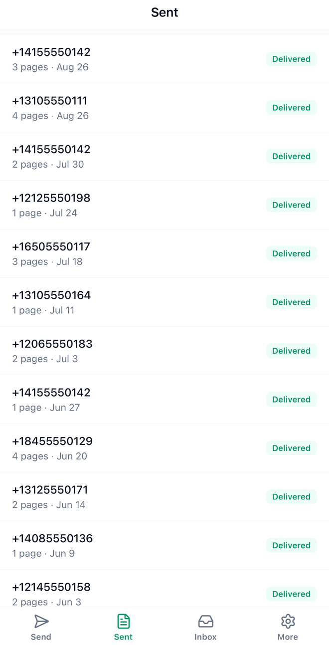 The FaxTerra app sent list on a phone, each fax marked delivered