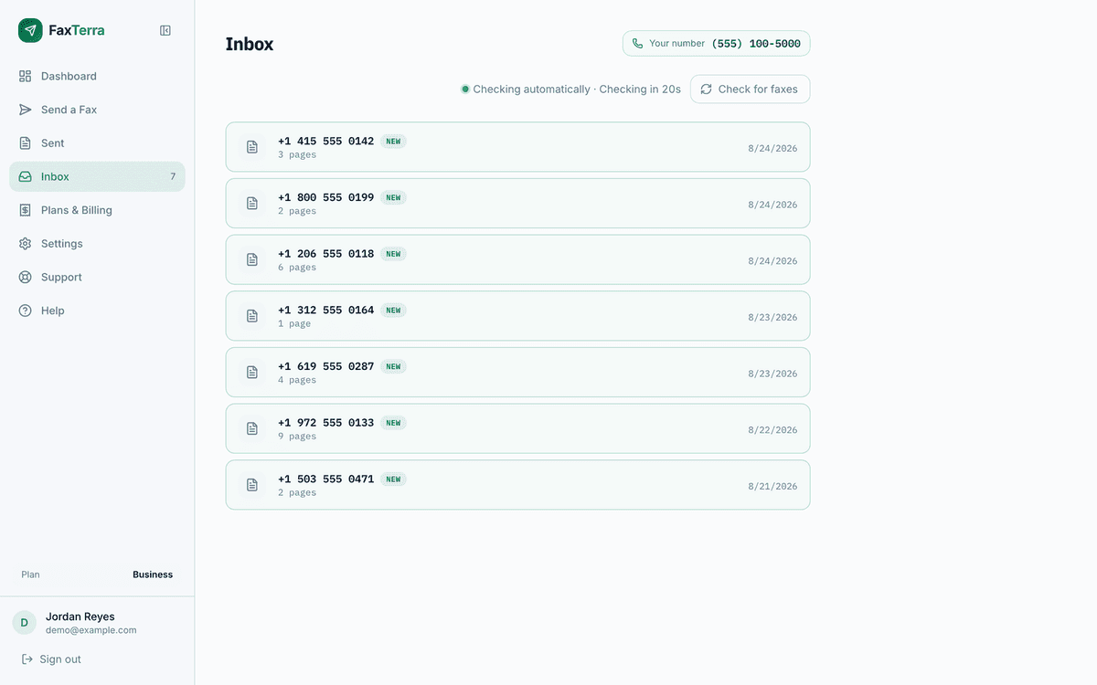 FaxTerra inbox showing received faxes with sender numbers, page counts, and dates