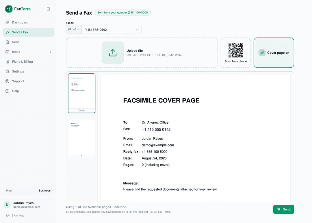 FaxTerra send screen showing document preview before faxing