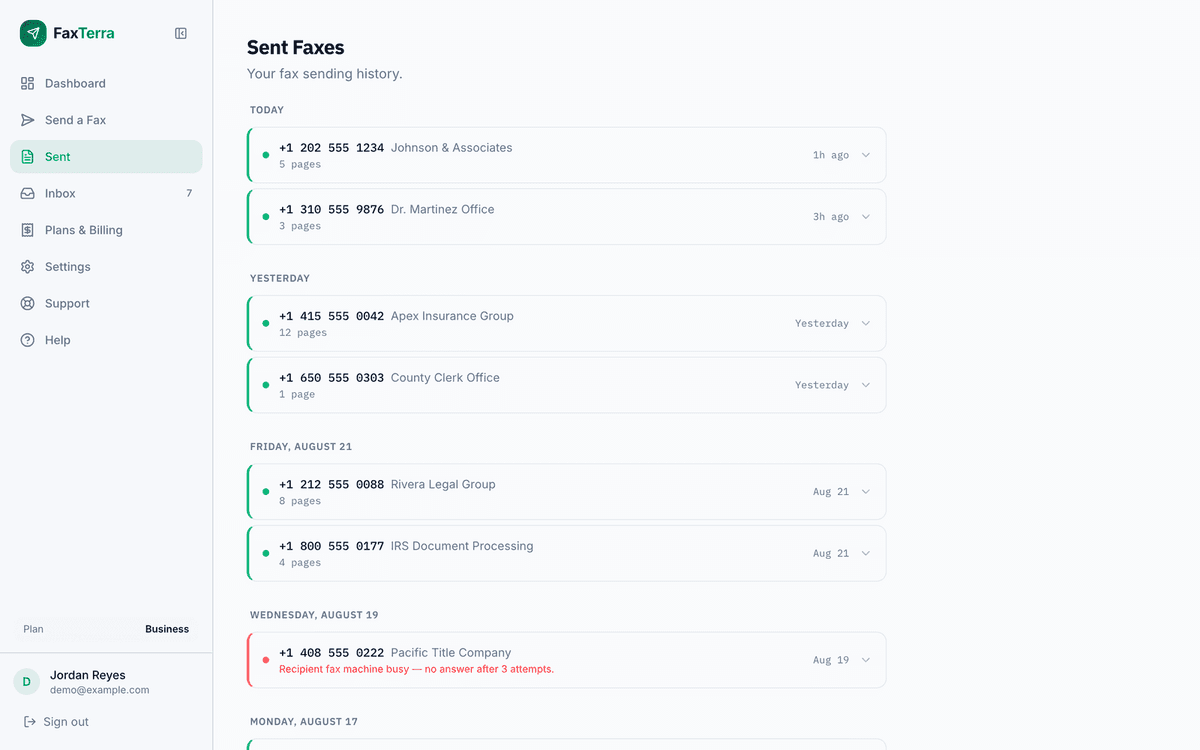 FaxTerra sent faxes history showing delivery status for legal firms, IRS, and county offices