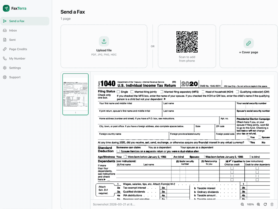 FaxTerra send screen showing document preview before faxing