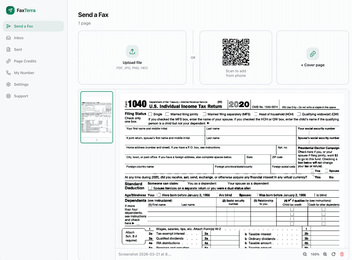 FaxTerra send screen showing a tax form uploaded and ready to fax with page preview