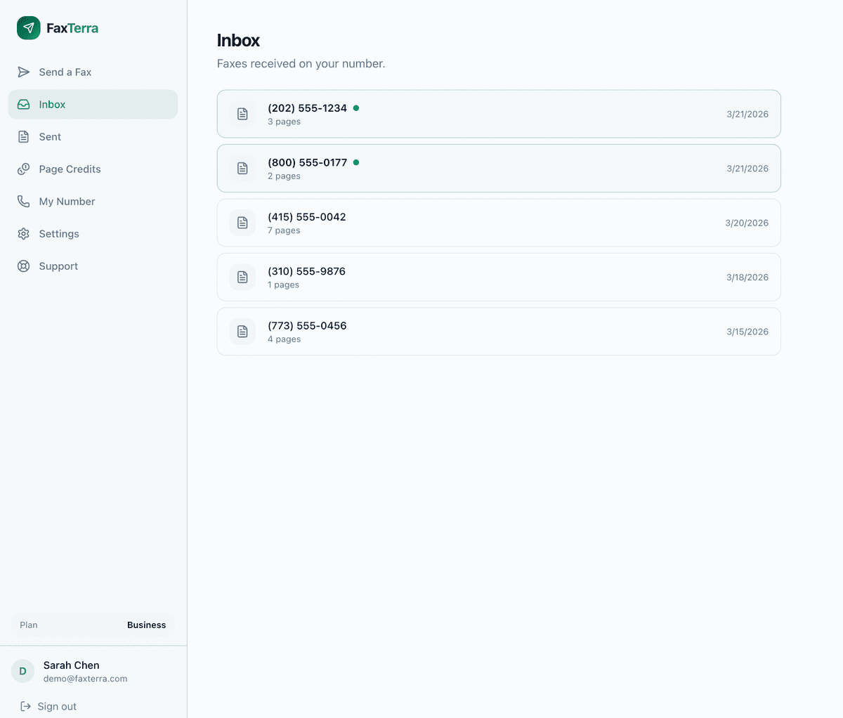 FaxTerra inbox showing received faxes with sender numbers, page counts, and dates