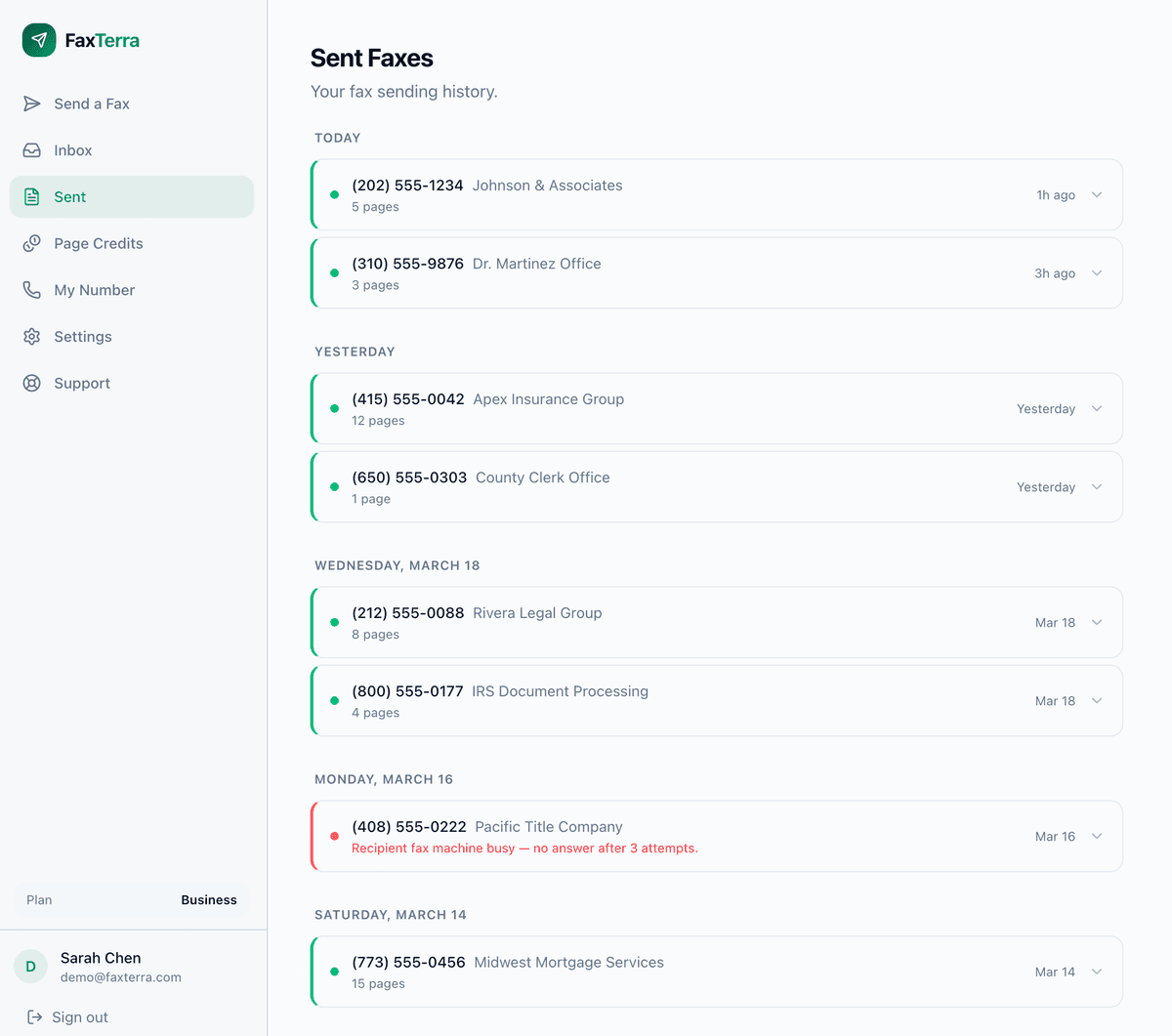 FaxTerra sent faxes history showing delivery status for legal firms, IRS, and county offices