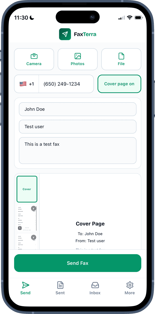 FaxTerra iPhone app showing the send fax screen with document preview, recipient number, and cover page
