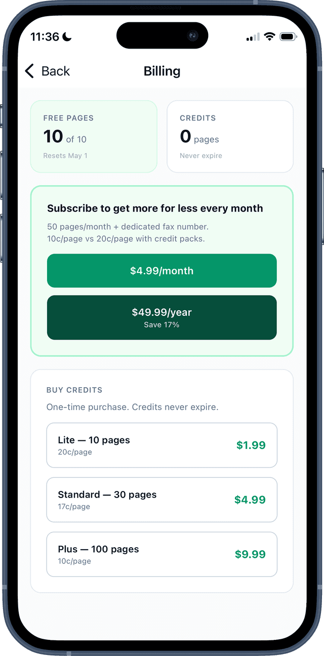 FaxTerra billing screen showing 10 free pages, credit packs from $1.99, and subscription at $4.99 per month