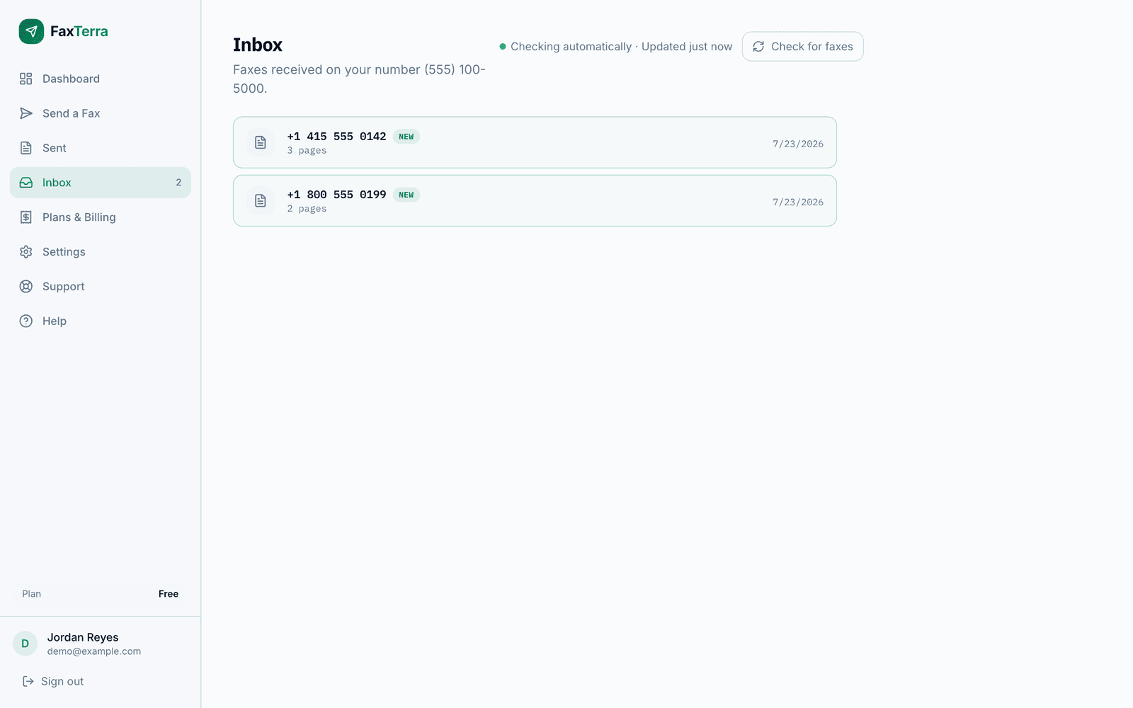 The FaxTerra inbox showing received faxes, each as a downloadable PDF