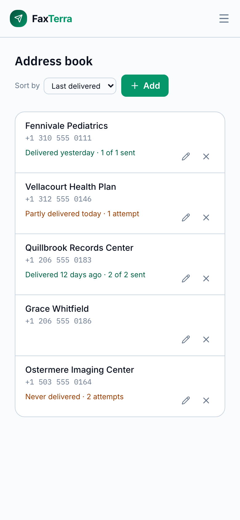The address book on a phone, showing one destination delivered, one partly delivered, one never delivered, and one with no history at all