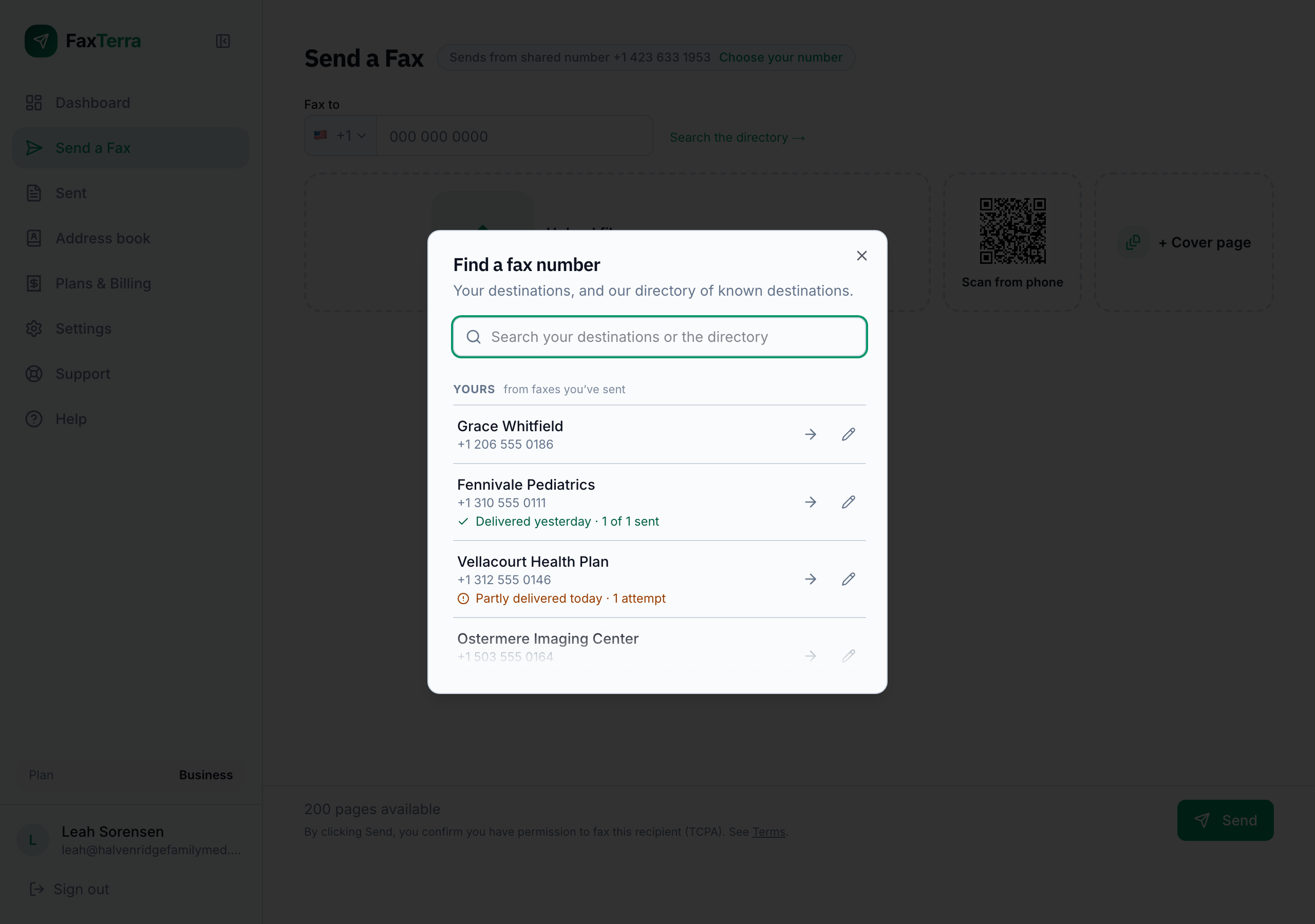 The destination picker open on the send screen, listing the account's own destinations under a heading reading Yours