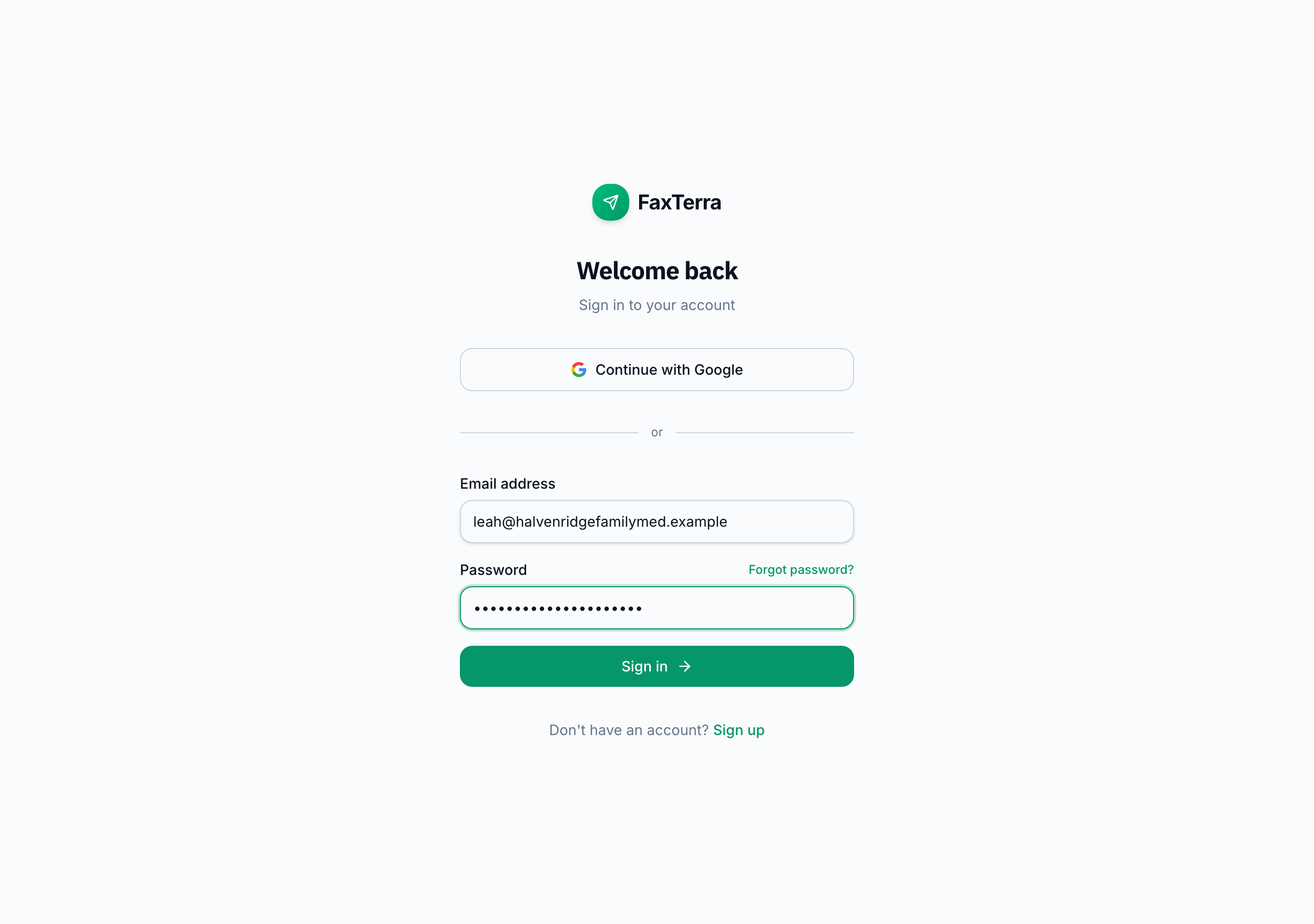 The FaxTerra sign-in form, offering Google, an emailed link, or a password