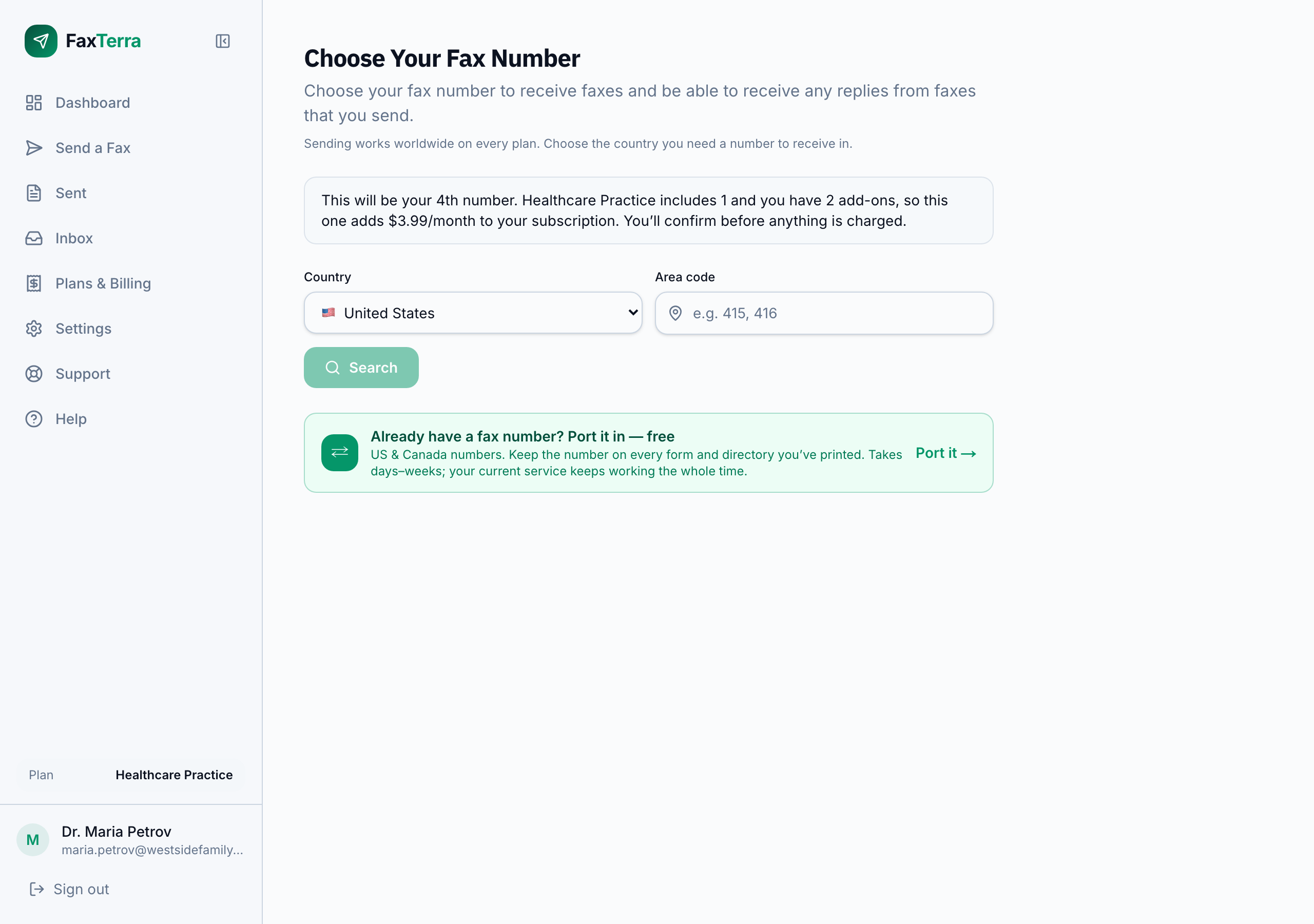 The Choose Your Fax Number screen with a note saying what this number adds to the subscription, above the country and area code fields