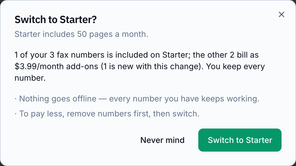 A plan-change confirmation dialog stating how many fax numbers the new plan includes and what the others cost as add-ons