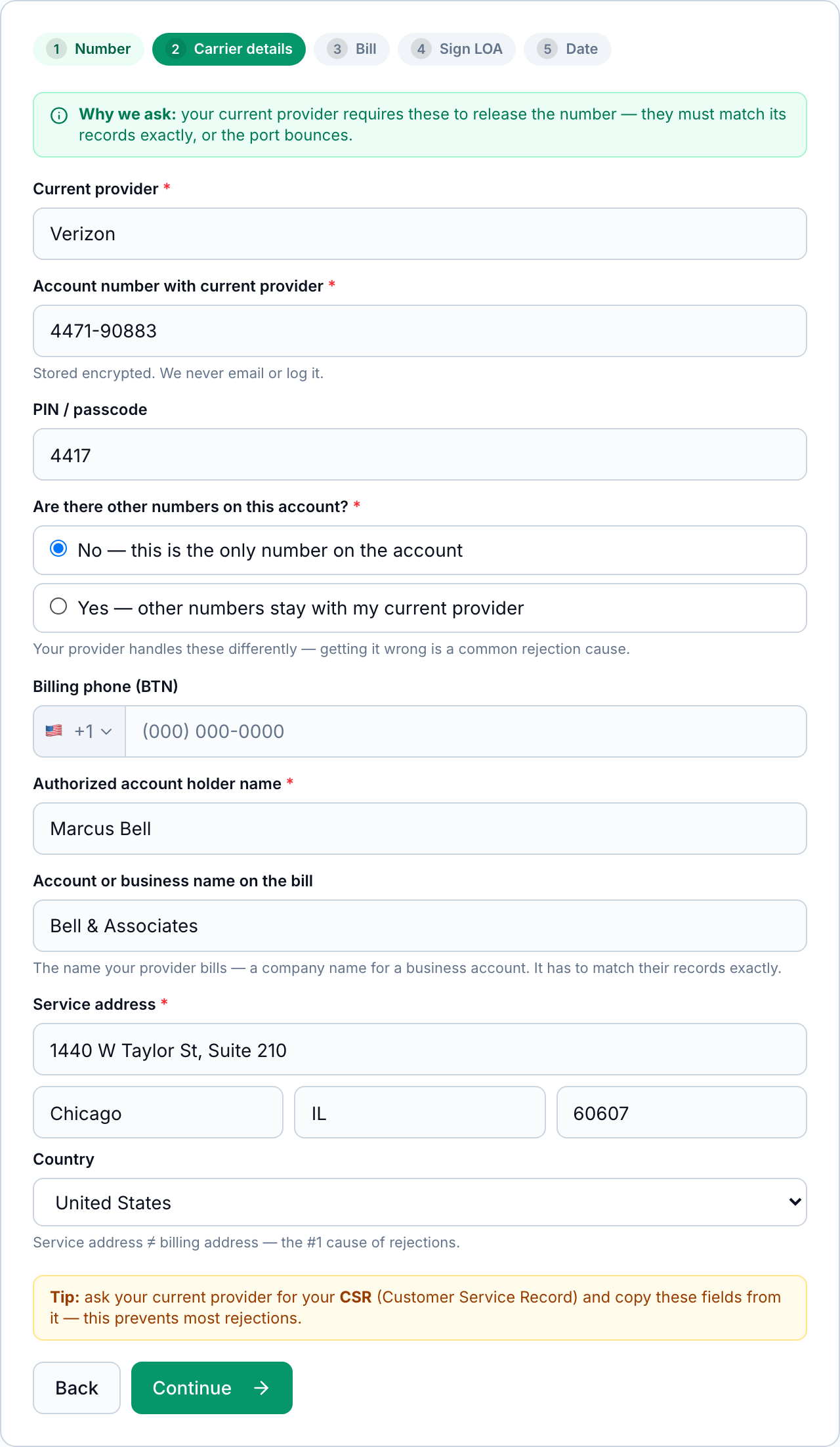 The carrier details step of the porting wizard, with fields for account number, PIN, authorized account holder, and service address