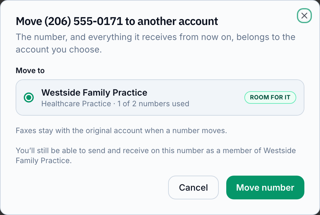 The move-number dialog with a destination account picker