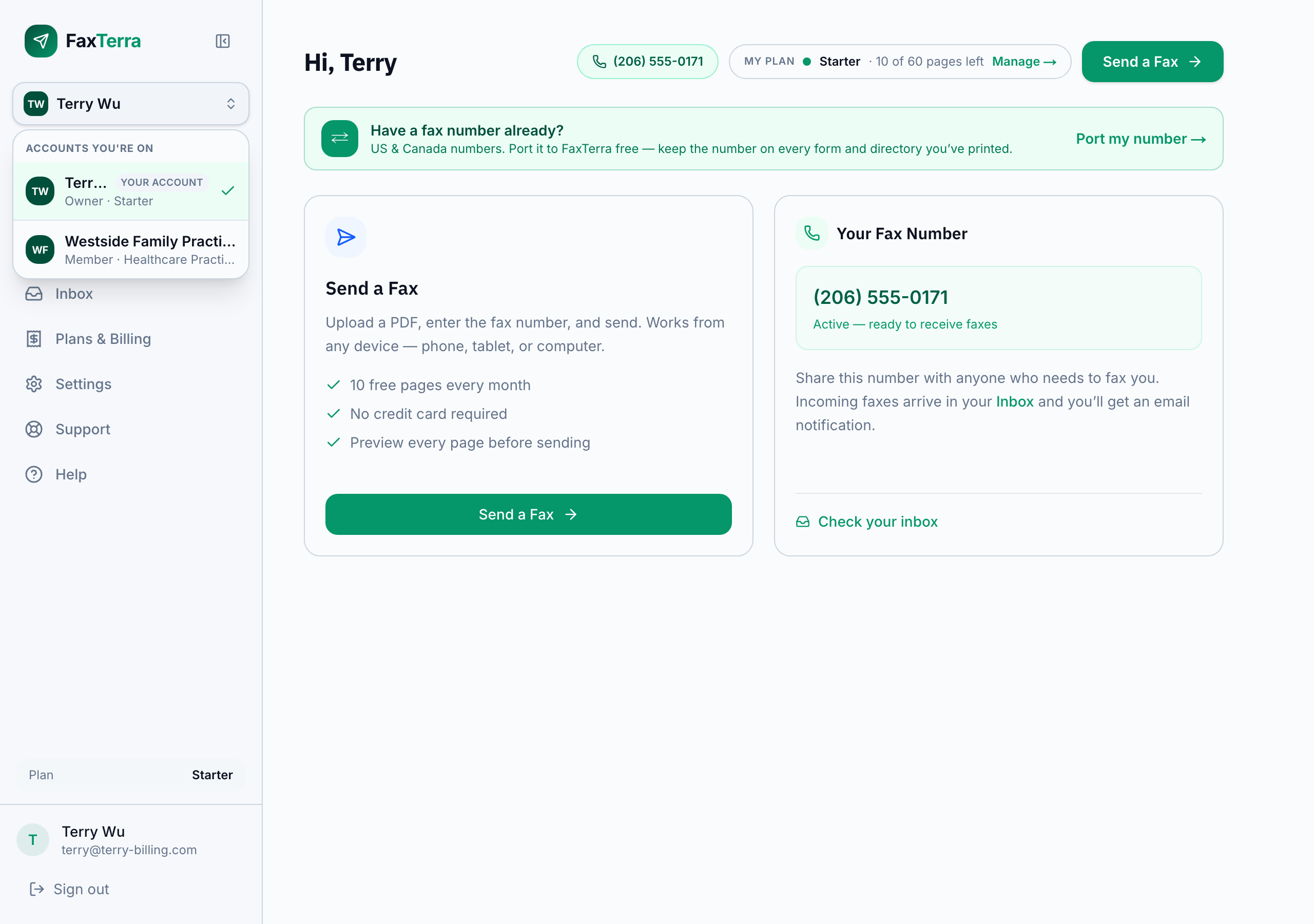 The account menu open in the sidebar, listing two accounts with roles